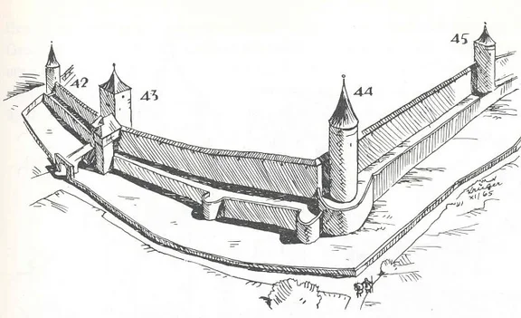 Rekonstruktion der Nordwestecke der der Stadtbefestigungen durch E. Krüger. links der Gerberturm (Nr. 42), dann das Weilertor (Nr. 43), der Faulturm (Nr. 44) und  der Scharfrichterturm. Aus: E. Krüger. Die Stadtbefestigung von Schwäbisch Hall, Schwäbisch Hall 1966, S. 121.