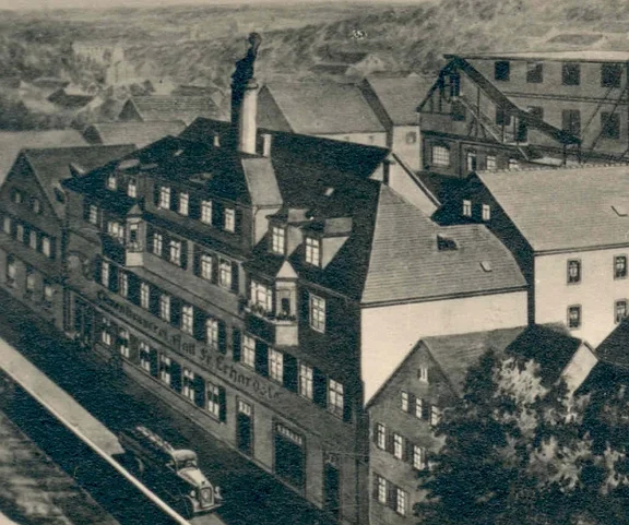 Ausschnitt aus einer Gesamtansicht des Löwenbrauerei-Areals in den 1930er Jahren (StadtA SHA PK 01780)