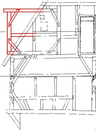 Rekonstruktion des Fachwerks für den heute nicht mehr vorhandenen Erker auf der Rückseite des Hauses. Zeichnung: Albrecht Bedal (StadtA SHA Server Häuserlexikon)