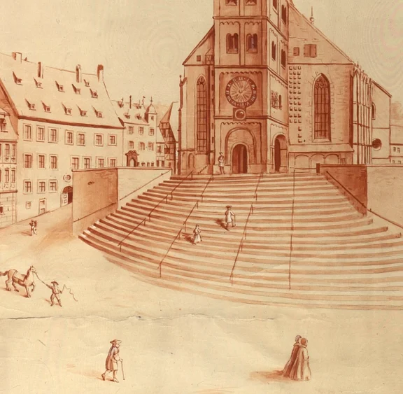 Die Treppe nach dem Bau des Rathauses. Nachzeichnung eines heute verlorenen Wandgemäldes von J. M. Roscher im Rathaus, nach 1735 (StadtA Schwäb. Hall 16/156)