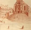 Die Treppe nach dem Bau des Rathauses. Nachzeichnung eines heute verlorenen Wandgemäldes von J. M. Roscher im Rathaus, nach 1735 (StadtA Schwäb. Hall 16/156)