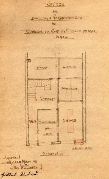 Grundriss des Ladens im Erdgeschoss zu geplanten Umbauten, 1908 (Baurechtsamt Schwäbisch Hall, Bauakten Gelbinger Gasse 16)