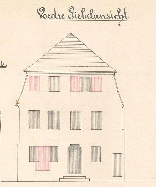 Ansicht der Fassade des Hauses mit eingezeichneten Änderungen, 1874 (Baurechtsamt SHA)