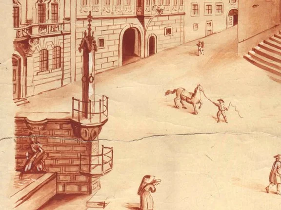 Ausschnitt aus einer Ansicht des Marktplatzes nach 1735. 1903 durch den Haller Maler Gottfried Schmidt gefertigte Nachzeichnung einer im Rathaus freigelegten und heute nicht mehr existierenden Freskomalerei von Johann Michael Roscher (StadtA Schwäb. Hall 16/0156)