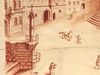 Ausschnitt aus einer Ansicht des Marktplatzes nach 1735. 1903 durch den Haller Maler Gottfried Schmidt gefertigte Nachzeichnung einer im Rathaus freigelegten und heute nicht mehr existierenden Freskomalerei von Johann Michael Roscher (StadtA Schwäb. Hall 16/0156)