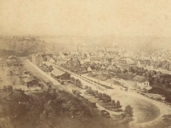 Schwäbisch Hall als „Kopfbahnhof“, vor dem Weiterbau der Strecke nach Hessental, undat. Ansicht um 1870 (StadtA Schwäb. Hall HV F-00113)