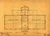Grundriss des Erdgeschosses aus den Bauplänen von Stadtbaumeister Christoph Kolb, 1887. Hingewiesen sei auf die eingezeichneten Schultische und -bänke in den beiden „Schulzimmern“ für jeweils 125 Kinder (StadtA SHA H02/4469)