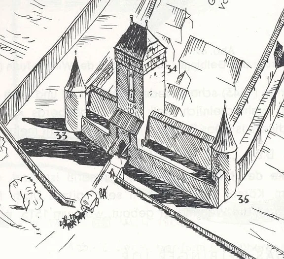 Rekonstruktion des Nordendes der Befestigungen der Gelbinger Gasse vor 1807 mit dem Winzerturm (Nr. 35), dem Gelbinger Tor (Nr. 34) in der Mitte und dem Hezelturm (Nr. 33). Aus Eduard Krüger: Die Stadtbefestigung von Schwäbisch Hall, Schwäbisch Hall 1966, S. 99
