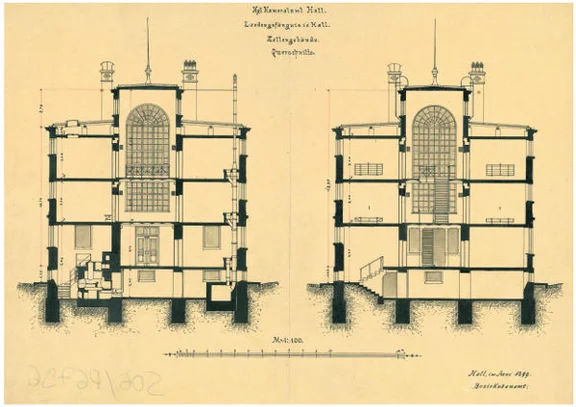 Zwei Querschnitte durch das „Zellengebäude“, Stand Juni 1899 (StadtA Schwäb. Hall S06/P06796)