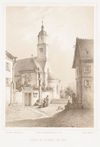 „Kirche in Steinbach bei Hall.“ Lithografie für Wilhelm Nitzschke, Schwäbisch Hall, nach Vorlage von „Herdtle jun.“ (vermutlich Gustav Herdtle, 1835-1917), um 1858-1860 (Signatur: Stadtarchiv Schwäb. Hall S10/2374)