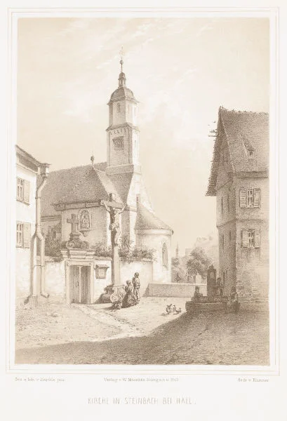 „Kirche in Steinbach bei Hall.“ Lithografie für Wilhelm Nitzschke, Schwäbisch Hall, nach Vorlage von „Herdtle jun.“ (vermutlich Gustav Herdtle, 1835-1917), um 1858-1860 (Signatur: Stadtarchiv Schwäb. Hall S10/2374)