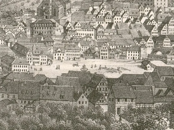 Ausschnitt aus einer lithografierten Stadtansicht um 1850 von W. Haaf nach Aufnahme von F. Bonhöffer. Der Haalbrunnen scheint noch ein Provisorium zu sein, Die offenbar an einem Dachstuhl oder sonstigen Gerüst arbeitenden Zimmerleute rechts des Brunnens deuten die Nutzung des Platzes als Arbeits- und Lagerfläche für Schwäbisch Haller Handwerker an (StadtA Schwäb. Hall S10/712)