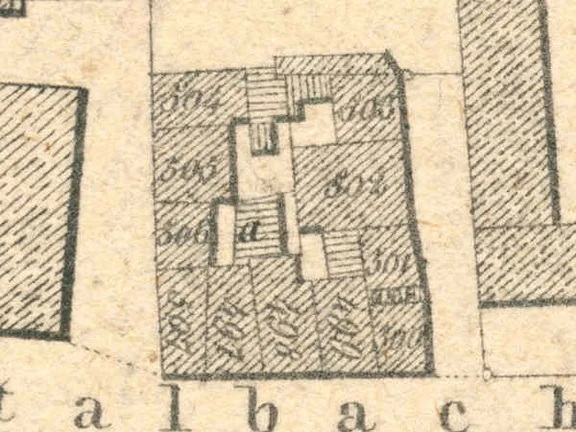 Ausschnitt aus dem Primärkataster  von 1827. Das Haus hat die Nummer 501 und befindet sich am rechten Rand des Kornhausquartiers (StadtA SHA S13/0583)