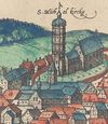 Ausschnitt aus der Ansicht Schwäbisch Halls in der „Kosmographie“ von Georg Braun und Franz Hogenberg, um 1580. Der achteckige Turm der Jakobskirche ist direkt vor dem Turm von St. Michael erkennbar (StadtA Schwäb. Hall S10/0508)