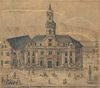 Vignette zur großen Stadtansicht von Johann Conrad Körner, einer lavierten Tuschzeichnung von 1755 mit dem Rathaus (StadtA Schwäb. Hall S10/0791)