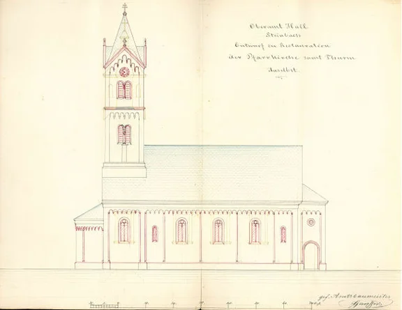 Seitenansicht zu einer geplanten Renovierung bzw. Romanisierung der Kirche und des Turms von Amtsbaumeister August Wilhelm Friedrich Gansser, undatiert, wohl 1850er Jahre (StadtA Schwäb. Hall Z01/A0138)