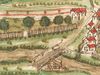 Ausschnitt aus einer Ansicht der Comburg mit Steinbach in einer illustrierten Handschrift einer Haller Chronik um 1600, kolorierte Federzeichnung (StadtA Schwäb. Hall 4/4, Bl. 83r)