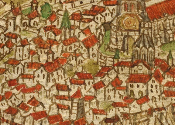 Auch in diesem Ausschnitt aus einer gezeichneten Stadtansicht um 1600 in der „Dötschmann-Chronik“ ist nur der Bereich erkennbar, in dem das Haus vermutet werden muss (links neben der Bastion von St. Michael) (StadtA Schwäb. Hall S09/10, Bl. 3r)