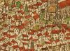 Auch in diesem Ausschnitt aus einer gezeichneten Stadtansicht um 1600 in der „Dötschmann-Chronik“ ist nur der Bereich erkennbar, in dem das Haus vermutet werden muss (links neben der Bastion von St. Michael) (StadtA Schwäb. Hall S09/10, Bl. 3r)