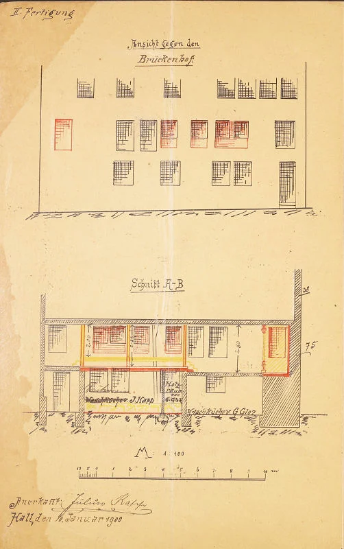 Der Kaufmann Julius Kapp ließ sich 1900 eine Reihe baulicher Veränderungen genehmigen, die aber offenbar nur teilweise durchgeführt wurden. Der Teilabbruch der ehemaligen Stadtmauer fand nicht statt (Stadt Schwäb. Hall, Baurechtsamt, Bauakten Neue Straße 29-33)