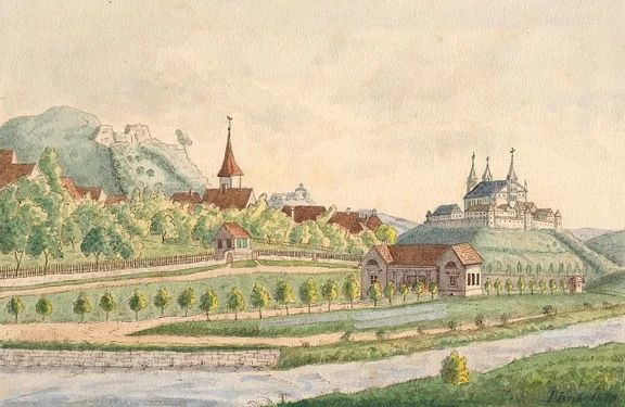 Schützenhaus und Ackeranlagen, dahinter Unterlimpurg und die Comburg. Kolorierte Zeichnung von Peter Koch, 1878 (StadtA Schwäb. Hall S10/0341)