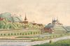 Schützenhaus und Ackeranlagen, dahinter Unterlimpurg und die Comburg. Kolorierte Zeichnung von Peter Koch, 1878 (StadtA Schwäb. Hall S10/0341)