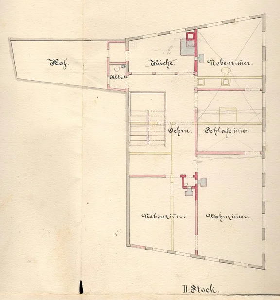 Grundriss des 1. Obergeschosses (hier als II. Stock bez.) für den geplanten Einbau einer Metzgerei und Weinwirtschaft durch Carl Canz, 1867 (StadtA Schwäb. Hall 21/1902)
