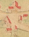 Ausschnitt aus der Flurkarte von Unterlimpurg, 1703. Das heutige Haus Nr. 48 ist wahrscheinlich mit dem giebelständigen Gebäude unten in der Bildmitte identisch. Das kleine, braune Häuschen dahinter (bzw. davor) ist wohl ein Schuppen oder Gartenhaus (StadtA SHA 16/0021)