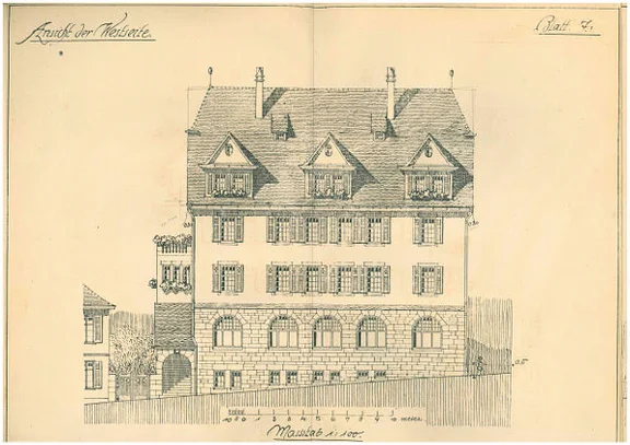 Ansicht der Westseite zur Bahnhofstraße hin aus den Plänen zum Neubau des Hauses, 1907 (StadtA Schwäb. Hall 27/0527).