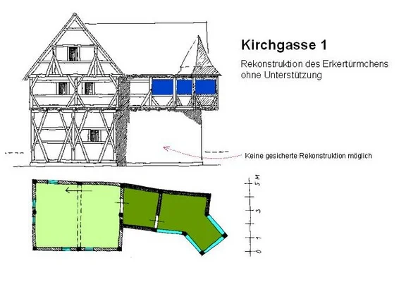 Rekonstruktion des Erkertürmchens. Grafik: Albrecht Bedal (StadtA SHA Server Häuserlexikon)