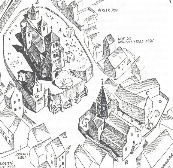 Rekonstruktion der romanischen Kirche St. Jakob am Standort des Rathauses von Dr. Eduard Krüger, mit dem rechts anschließenden Franziskanerkloster. Aus: Eduard Krüger: Schwäbisch Hall. Ein Gang durch Geschichte und Kunst, Schwäbisch Hall 1982, S. 27