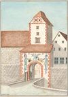 Das Stätt-Tor von der Gelbinger Gasse aus gesehen vor dem Abbruch 1807/08. Zeichnung von Peter Koch nach einer älteren Vorlage, 1868 (StadtA SHA S10/300)