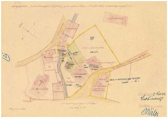 Lageplan des Bereichs zwischen Urbanskirche und „Stern“ aus den Konzessionsakten, 1942 (StadtA Schwäb. Hall 37/749)