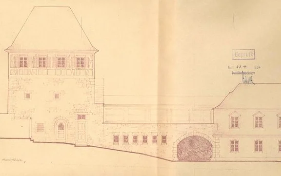 Korrigierter Plan der Fassade des neuen Nebengebäudes zum Säumarkt bzw. der Marktstraße hin, 1930 (StadtA SHA 27/0015)