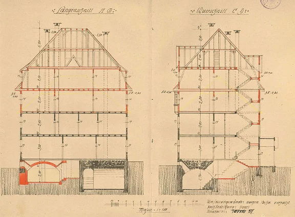 Plan mit Längs- und Querschnitt zur Aufstockung des Hauses, 1922 (StadtA Schwäb. Hall 27/0526).