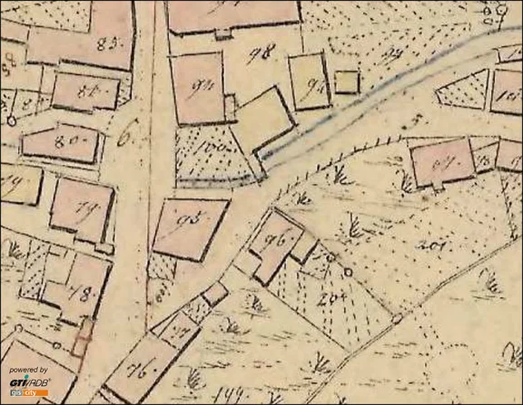 Ausschnitt aus dem Primärkataster von 1827-1830. Das Anwesen hat die Nummer „96“ (Plan: Geodatenportal Schwäbisch Hall /  Stadt Schwäbisch Hall, Fachbereich Planen und Bauen, Abteilung Vermessung)