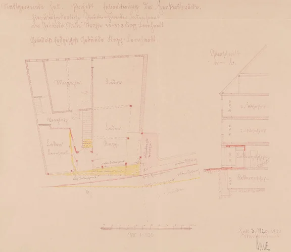 Pläne des Stadtbauamts von 1932 für einen erneuten, aber ebenfalls nicht zustande gekommenen Anlauf zum Henkersbrückenprojekt. Anders als 1929 sollte hier nur ein Stück des Kapp’schen Ladens „abgeschnitten“ werden (Stadt Schwäb. Hall, Baurechtsamt, Bauakten Neue Straße 29-33)
