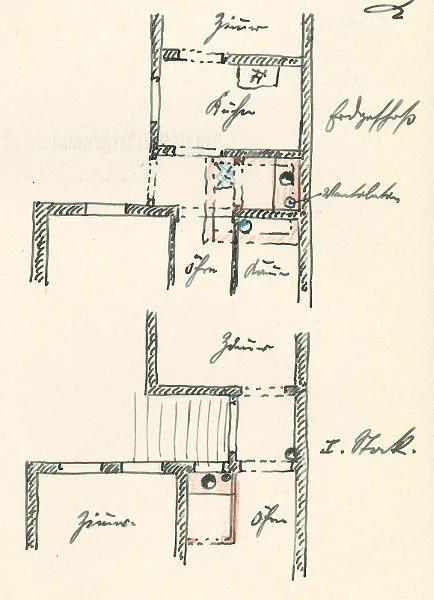 Skizze zum Einbau einer neuen Abortanlage zwischen Haupthaus und rückseitigemAnbau, 1913 (Baurechtsamt Schwäb. Hall, Bauakten)