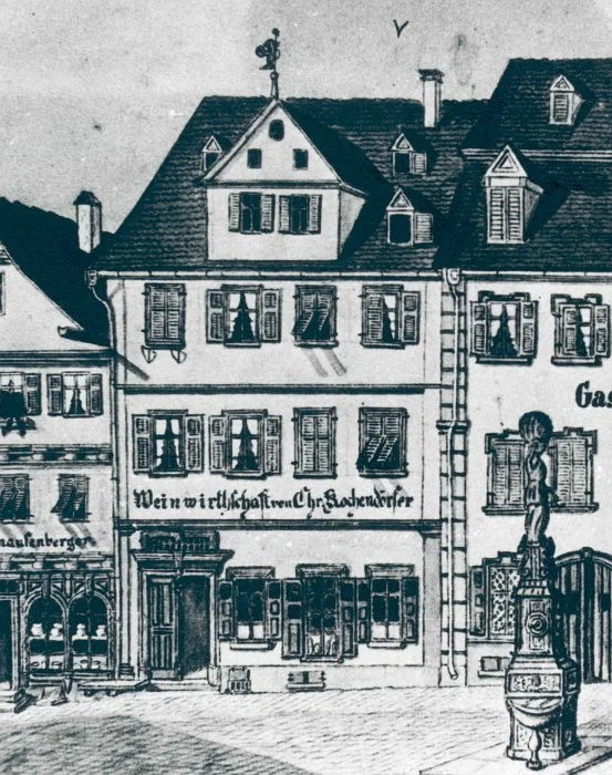 Ausschnitt aus einer Zeichnung des „Dreikönigs“, wohl spätes 19. Jahrhundert (StadtA Schwäb. Hall FS 05120)