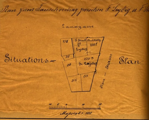 Lageplan zu einem Tauschvertrag zwischen zwischen F. Laidig und F. Staib, 1881. Das Anwesen ist am oberen Rand  mit der Nr. 219 zu erkennen (StadtA SHA 19/1075 Nr. 64)