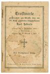 Titelblatt der gedruckten Trauerpredigt des Stadtpfarrers Anton König zur Beerdigung des Schutzmanns Karl Heberle, der am 28. August 1920 in der Polizeiwache im Rathaus „aus geringfügiger Ursache“ von einem Kollegen erschossen worden war (StadtA Schwäb. Hall So StA 9457)