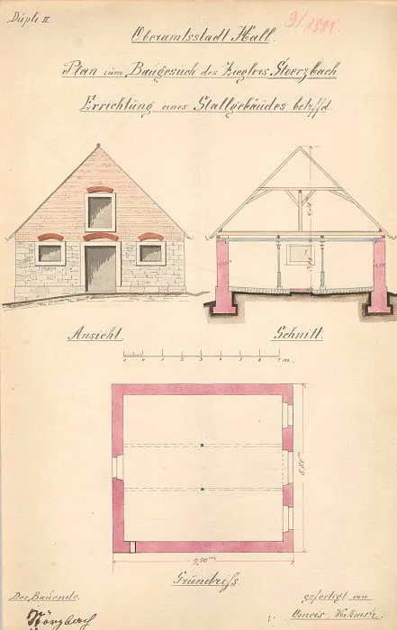 Ansicht, Schnitt und Grundriss der Scheuer von 1881 (Baurechtsamt SHA, Bauakten).