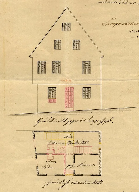 Ansicht der Fassade zur Langen Straße und Grundriss mit den geplanten Umbauten im Erdgeschoss, 1863 (StadtA SHA 27/443)