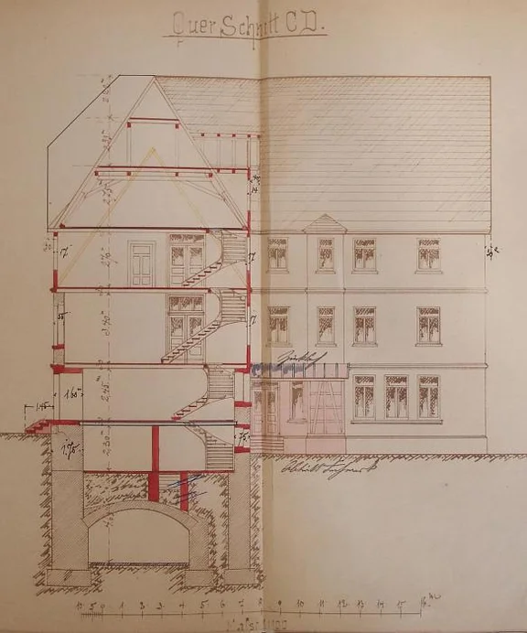 Schitt durch das Gebäude zum Umbau in die Gewerbebank, 1897 (Baurechtsamt Schwäb. Hall, Bauakten Marktstraße 17)