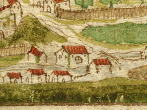 Ausschnitt aus einer Ansicht der Comburg in der „Dötschmann-Chronik“, kolorierte Federzeichnung um 1600. Das Mühlrad kennzeichnet die Getreidemühle (StadtA Schwäb. Hall S09/10, Bl. 114r)