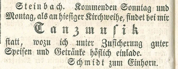 Werbeanzeige für eine aus Anlass der Kirchweihe abgehaltenen „Tanzmusik“ im „Einhorn“ aus dem Haller Tagblatt vom 15.10.1852 (StadtA Schwäb. Hall)
