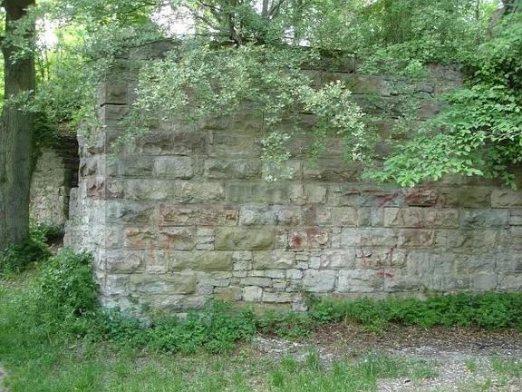 Südöstliche Außenmauer des romanischen Palasgebäudes mit Buckelquadern. Bild aus dem April 2007. Foto: Daniel Stihler (StadtA Schwäb. Hall DIG 04323)