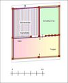 Rekonstruktion des 1. Stocks mit großer Bohlenstube. Plan: Albrecht Bedal (StadtA SHA Server Häuserlexikon)