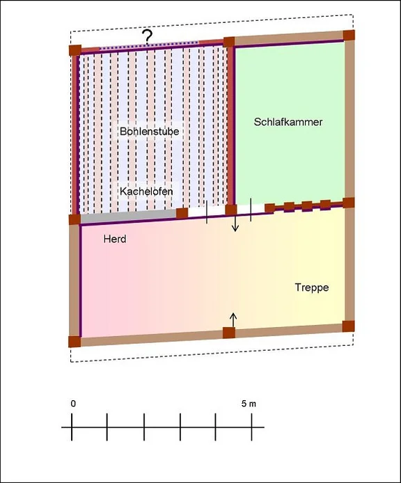 Rekonstruktion des 1. Stocks mit großer Bohlenstube. Plan: Albrecht Bedal (StadtA SHA Server Häuserlexikon)