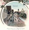 Ausschnitt aus einer Lithografiepostkarte von 1901. Bei der als Waschhaus und Remise genutzten ehemalige Schule handelt es sich um das kleine, einstöckige Gebäude zwischen Pfarrhaus und Forstamt, direkt über dem damals noch nicht verdolten Waschbach (StadtA Schwäb. Hall PK 02137)